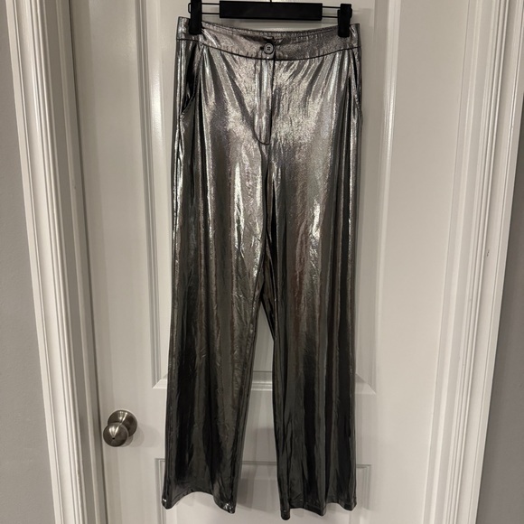 Sincerly Jules Pants - Sincerely Jules Shiny Silver Metallic Wide‎ Leg Pants